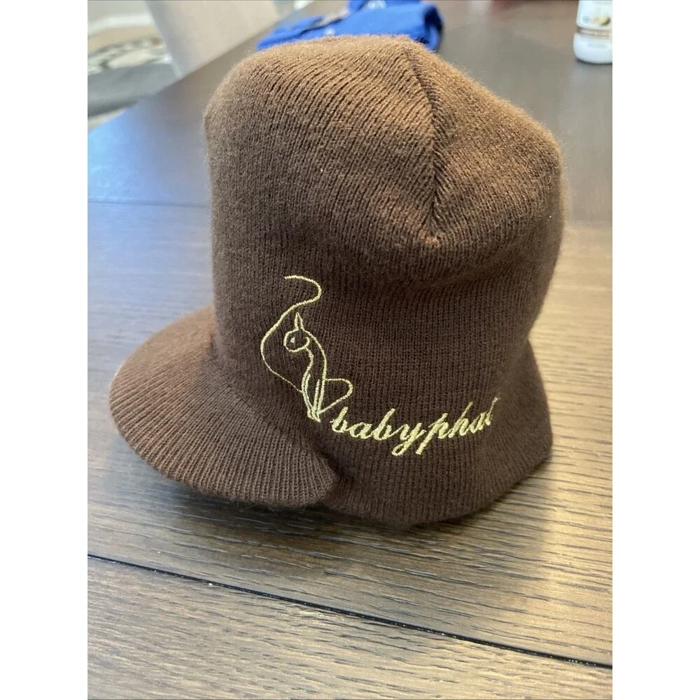 Vintage Y2K Baby Phat Brimmed Beanie in Brown wtih Gold Logo One Size